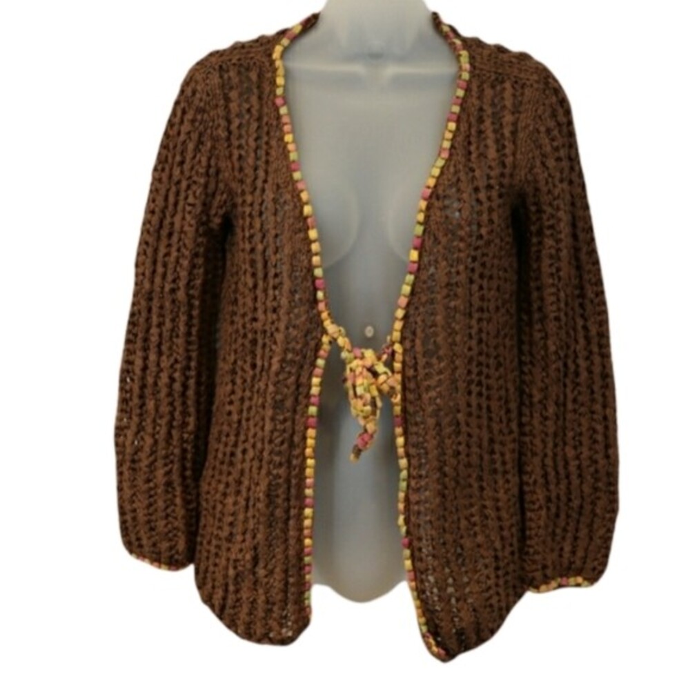 Marilena Chicago Brown Open Knit Tie-Front Cardigan Sweater Medium Vintage